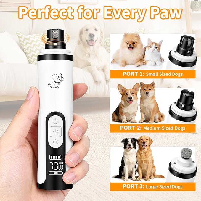 Upgraded Dog Nail Grinder Quiet 3 Adjustable Speed Cordless Silent Nail Grinder Pet Nail Trimmer with LED Light Pet Silent Painless Paw Grooming Supplies for Small/Medium/Large Dogs & Cats