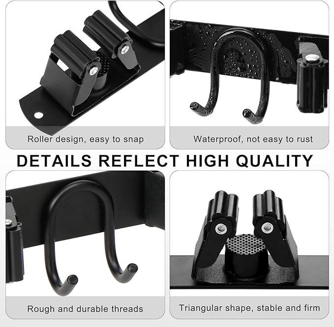 Broom Holder Wall Mount, Stainless Steel Mop Hanger with 4 Slots 6 Hooks, Tool Storage Wall Organizer for Kitchen Garden Garage Laundry Room Bathroom and RV, Black 1-Pack