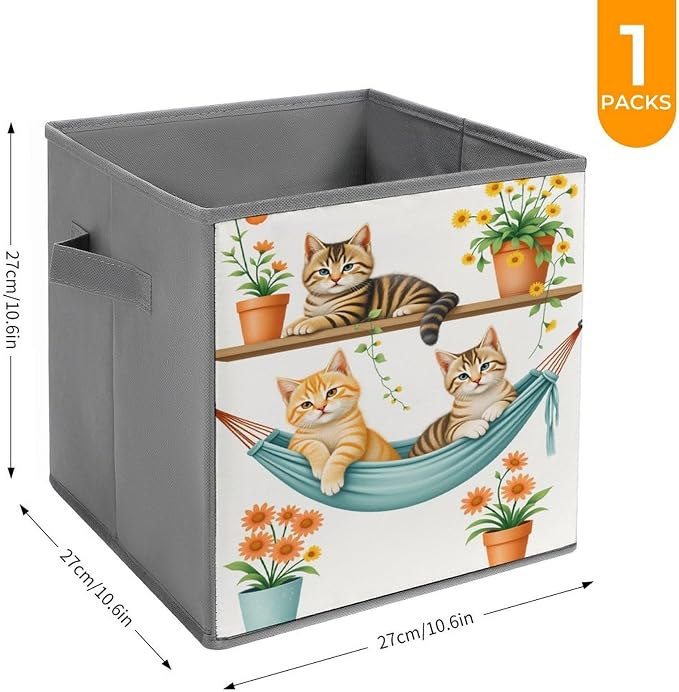 Animal Cat Flower Foldable Storage Bins, 10.6" Cube Storage Organizer, Sturdy Oxford Cloth Fabric Baskets for Closet, Shelf, Nursery, Bedroom, Decorative Printed Box for Toys & Clothes