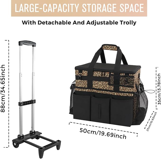 SCAVATA Rolling Cleaning Caddy Bag with Detachable Trolley & Wheels | Large Cleaning Supply Organizer, Portable Multi-Pocket Cleaning Cart for Housekeeper, Adjustable Shoulder Strap, Leopard
