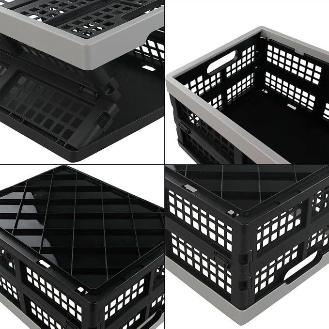 Jekiyo 16-Liter Plastic Folding Storage Crates, Collapsible Basket Set of 1 | Stackable, Black & Grey