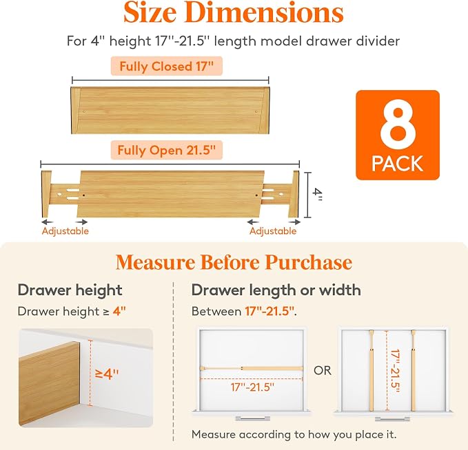 Lifewit 4" High Dresser Drawer Dividers, Adjustable Bamboo Drawer Organizer | 8 Pack 17"-21.5" Expandable Drawer Separator for Clothes, Utensils, Kitchen, Cabinet, Closet, Nursery Organization & Storage