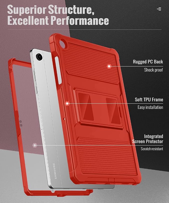 MoKo Shockproof Case Fit Samsung Galaxy Tab A11+ Plus/ A9+ 11 Inch | Full Body Rugged Stand Back Cover with Built-in Screen Protector for Galaxy Tab A11+/ A9+ Tablet, Red