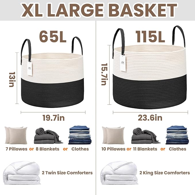 JMvicyroam 65L Extra Large Machine Washable Cotton Rope Blanket Basket | Collapsible laundry hamper, Reinforced handles, For blankets, pillows, toys and clothes, Living room and bedroom, White&Black
