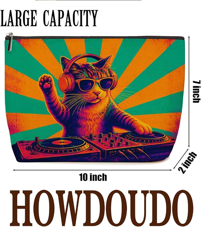 Cool DJ Cat Makeup Bag Funny Cat Headphones Cosmetic Bag Gifts for Women 02 | Cool Durable Travel Organizer Pouch for Women, Outdoor Portable Toiletry Bag, Stylish Cat Lovers Gift