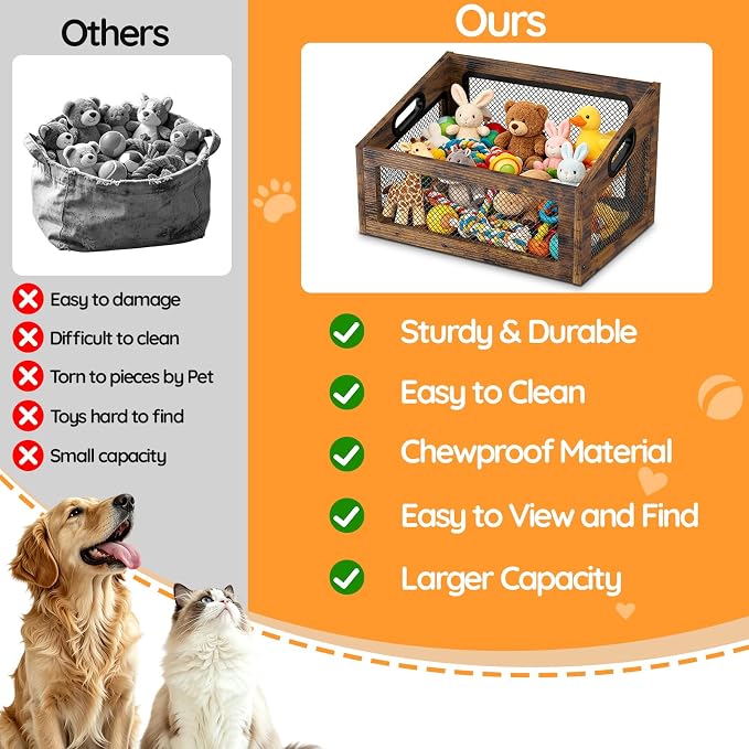 Wood Dog Toy Basket,Chew-Proof Dog Toy Box Bin | Spacious Dog Storage Organizer,Cat Toys Basket Box for Pet Toy Treat Clothes in Living Room