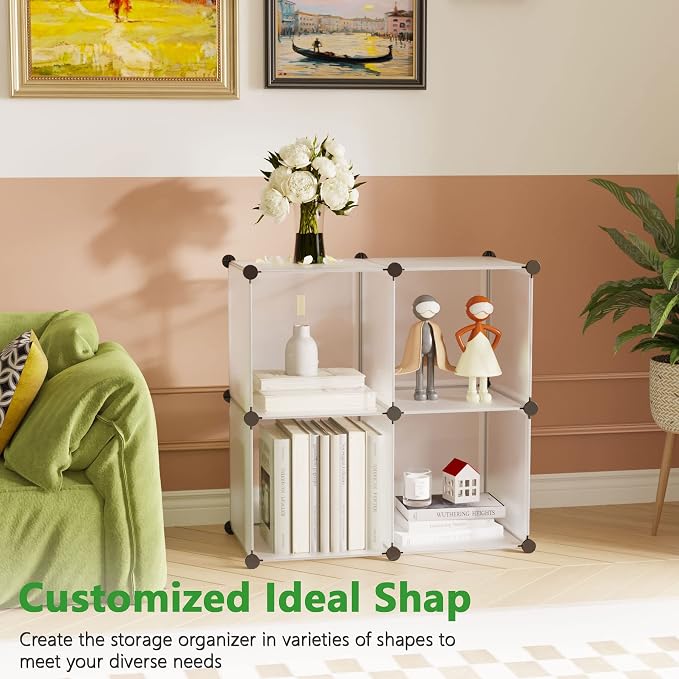C&AHOME Plastic Cube Storage Organizer, 4-Cube Shelves Units, White | DIY Modular Bookshelf, Portable Closet Organizers and Storage Ideal for Bedroom, Office, 24.8" L x 12.4" W x 24.8" H