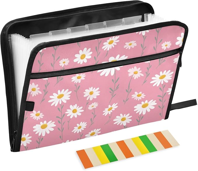 13 Pocket Zipper Expanding File Folder A4 Daisy Flower Pink Print | Accordion File Organizer with Front Pouch A4 Letter Size Portable Folders for Documents Receipt School Office Supplies