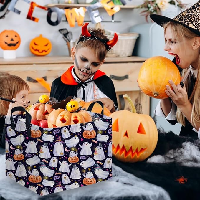 Rectangular Halloween Basket,Trick or Treat Basket for Boys and Girls,Waterproof collapsible storage box,Halloween Decor,Gift box(Purple Halloween)