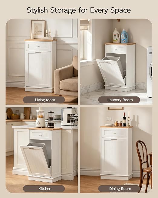 Betterhood Single Tilt Out Trash Cabinet with Power Outlet, Wooden Hidden Garbage Can Holder with a Big Storage Drawers for Kitchen, Living Room, Laundry, White
