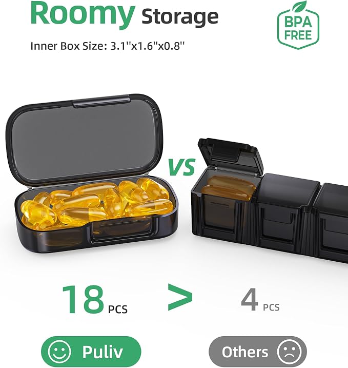 PULIV Weekly Pill Organizer with Large Capacity, Dual Protection (Black) | Pill Box 7 Day, Arthritis Friendly Pill Case Easy to Open, Medicine Organizer for Vitamins, Medication, Fish Oils, Supplement