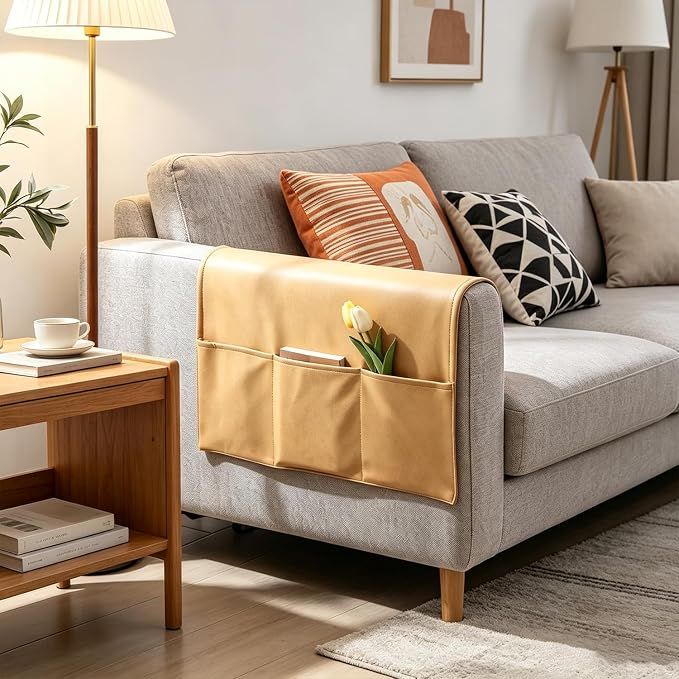 Sofa Armrest Cover with Pockets Set of 2 Furniture Protector Slip Technical Fabric Non Slip Recliner Organizer Remote Holder Caddy Accessories for Living Room Bedroom Kitchen Home 24*43.3 Inch Yellow