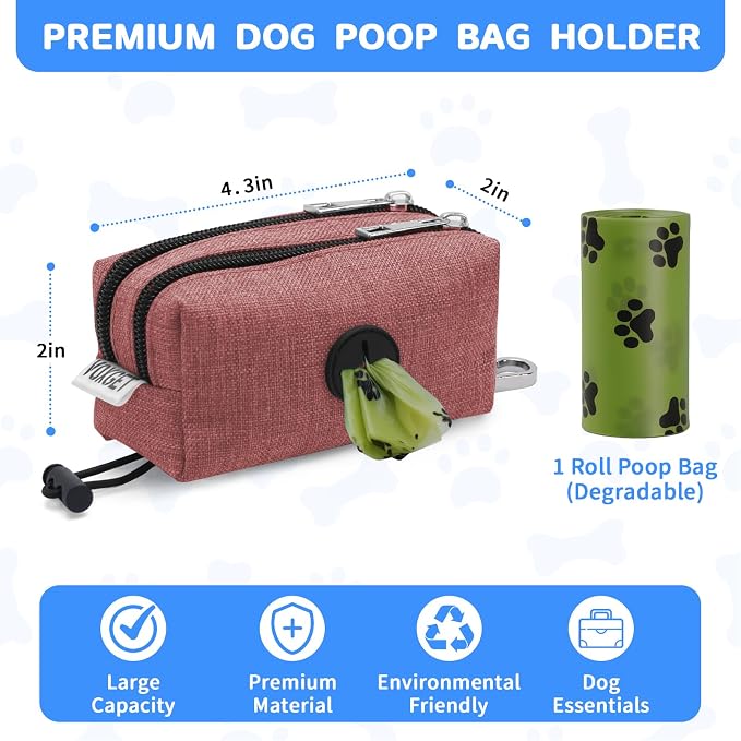 Dog Poop Bag Holder with Treat Pouch, 2 Zipper Pockets & Leash Clip | Waste Bag Dispenser with 1 Roll Poop Bags, Quick Access Treat Storage, Hands-Free Design for Dog Walking, Training & Travel