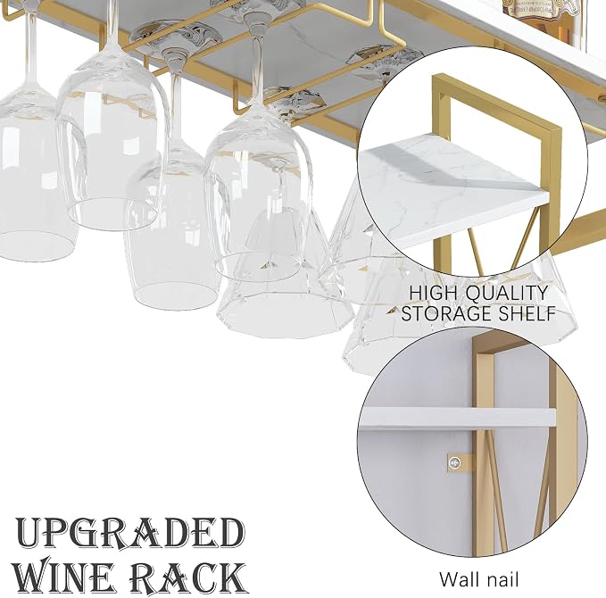 Dokser Wine Rack Wall Mounted 2 Tier Shelf Wine Bottle Holder for Kitchen | Gold 2 Tier Wall Wine Rack with Rustic Wood & Industrial Iron Frame, Wine Bottle Holder for Dining Room, Home Bar Decor