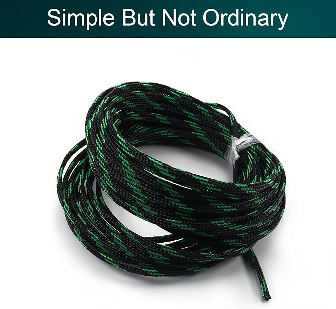 Jutagoss PET Expandable Braided Cable Sleeve, 32.8ft - 3/16 inch Black Fluorescent Green Cable Management Sleeve, Wire Loom Tube Cord Protector for USB Cable, Power Cord, Audio Video and More, 1Pc