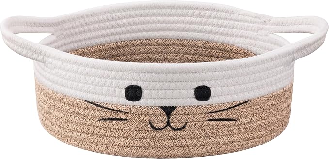 Small Woven Rope Cat Toy Basket with Cat Face Design, White Brown | 9.8" x 4" Cute Cat Basket for Living Room, Decorative Baby Storage Basket, Pet Gift Basket Empty with Sturdy Handles