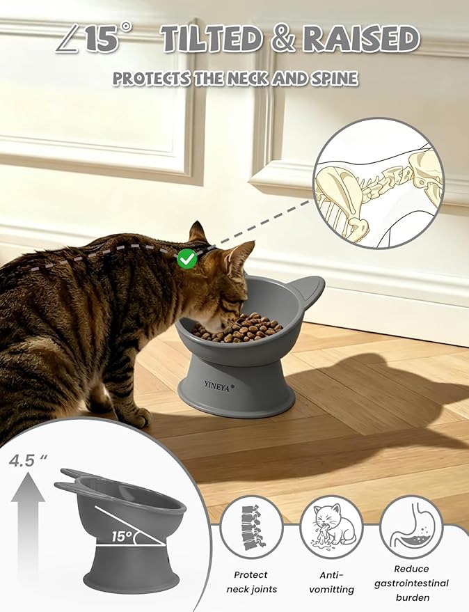YINEYA Cat Bowls, Cat Food Bowl Elevated to Protect Neck & Anti-Vomit, Whisker-Friendly Raised Food & Water Bowls for Indoor Cats/Small Dogs, Cute Pet Feeding Bowl 6 OZ Each, Dishwasher Safe, Gray
