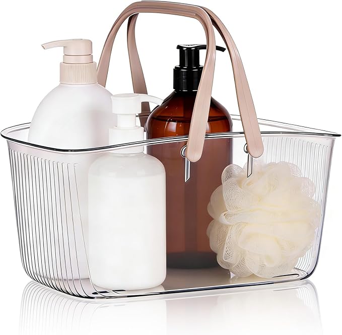 HERCHR Plastic Shower Caddy Basket, Shower Caddy Portable Plastic Shower Caddy with Handle and Drain Holes Clear Bathroom Caddy Organizer for Bathroom Kitchen College Dorm