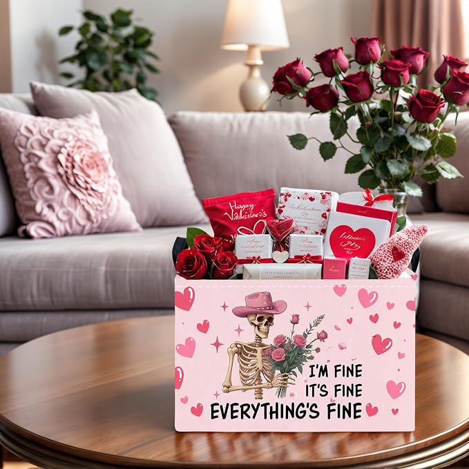 Valentine's Day Basket Gift for Empty Cute Heart Large Storage Bin for Kid and Baby Room Décor (Pink Rose Skull Heart)
