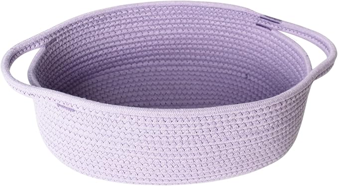 Purple Small Woven Basket, 13” x 9” x 5” Baskets for Gifts Empty, Cotton Rope Gift Basket, Cute Nursery Baby Organizer, Cat Dog Toy Box, Oval Wicker Storage Bin with Handle