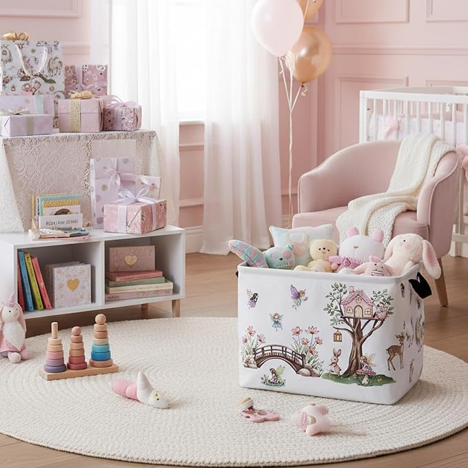 Kid Cute Rectangle Storage Basket Baby Toy Clothes Storage Bin Nursery Playroom Bedroom Decor Basket (Pink Tree House Flower Fairy)