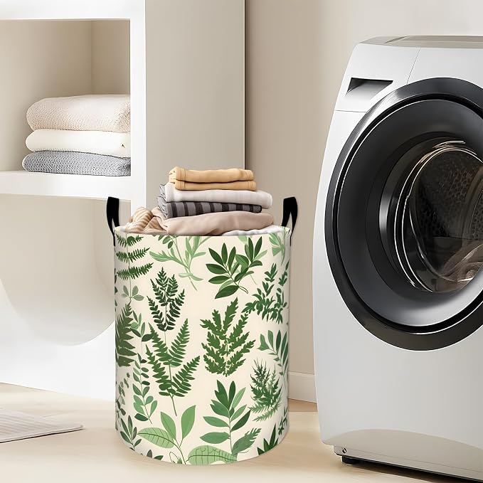 Ferns and Leaves Green Botanical Laundry Basket with Handles, 19.7"x15.7" Clothes Foldable Plant Laundry Hamper Organizer for Dorm Nursery Bedroom Bathroom Decor, Toy Storage Bin for Kids