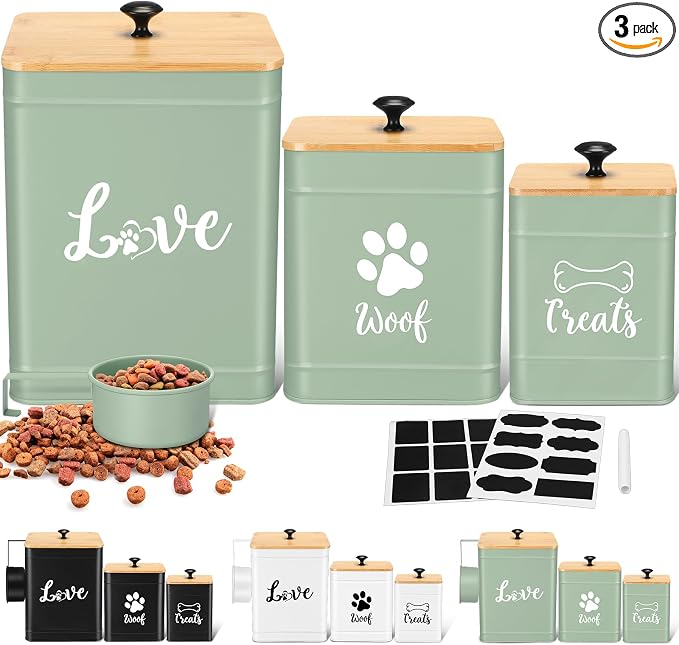 Jingmore Metal Dog Treat Containers Set of 3 with Bamboo Lids and Spoon Airtight 7+3+2 lbs Dog Food Snack Jars with DIY Labels Big Pet Cookie Storage Jar for Kitchen Counter (Sage Green,Cute)