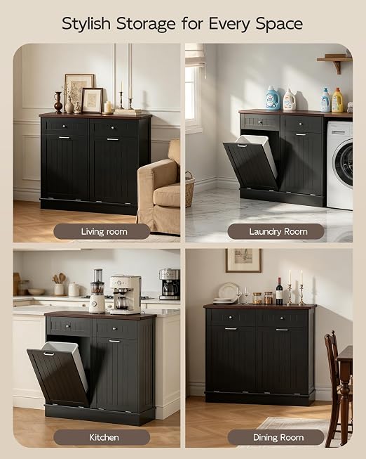 Betterhood Double Tilt Out Trash Cabinet with Power Outlet & USB, Hidden Garbage Can Holder with 2 Storage Drawers, Wooden Laundry Hamper for Kitchen, Bathroom, Living Room, Black