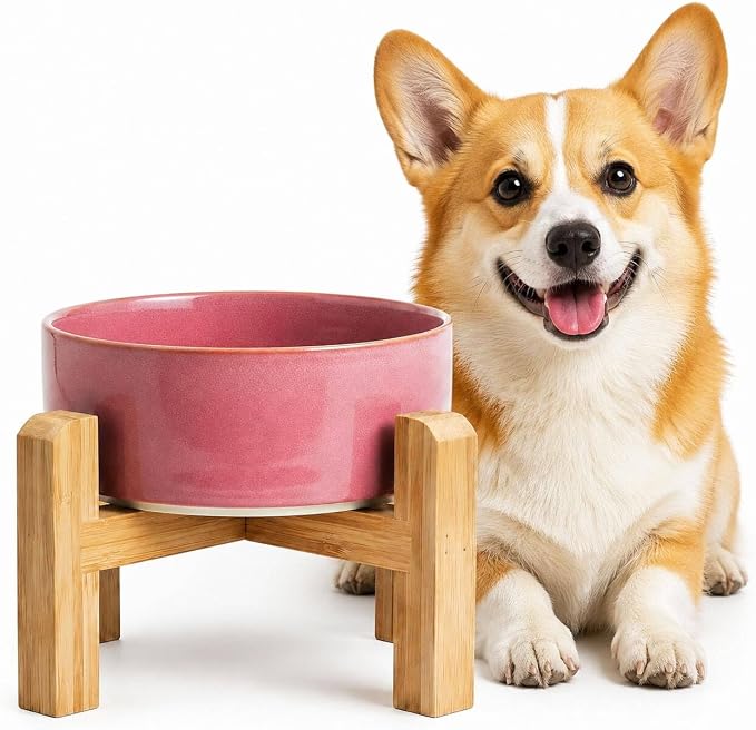 hjn Elevated Ceramic Dog Bowl with Bamboo Stand, Raised Pet Feeding Station for Small Medium Dogs Cats, Modern Design with Anti-Slip Base (Deep Pink, 3.6Cup)