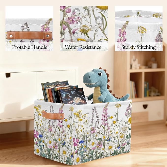 Pardick Storage Baskets Bin, Spring Wildflowers Floral Collapsible Canvas Fabric Storage Bin Decorative Baskets Toy Organizer Rectangle Storage Boxes with handles for Home Shelves Nursery,Q-4