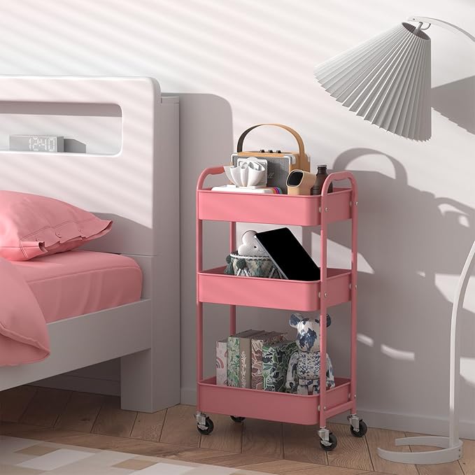 MAX Houser 3-Tier Rolling Utility Cart with Caster Wheels,Easy Assembly, for Kitchen, Bathroom (Pink) | Easy Assembly, multi-purpose storage trolley for kitchen, rolling cart with smooth caster wheels for bathroom