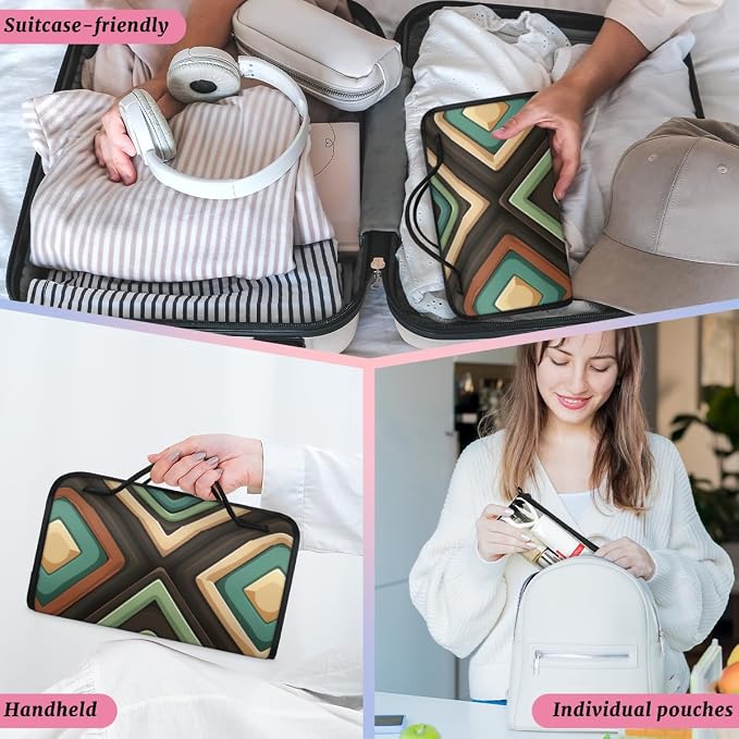 Geometric Shapes Makeup Bag for Women Hanging Roll-Up Travel Organizer Toiletry Kit with 4 Removable Compartments, Mid Century Modern
