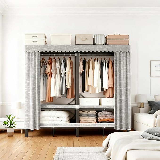 74.8in Heavy Duty Portable Closet, Foldable Wardrobe Closet with Cover, Metal Clothing Shelves for Clothes Organizers and Storage, for Bedrooms, Apartments, Rental Properties (Grey, 74.8in)