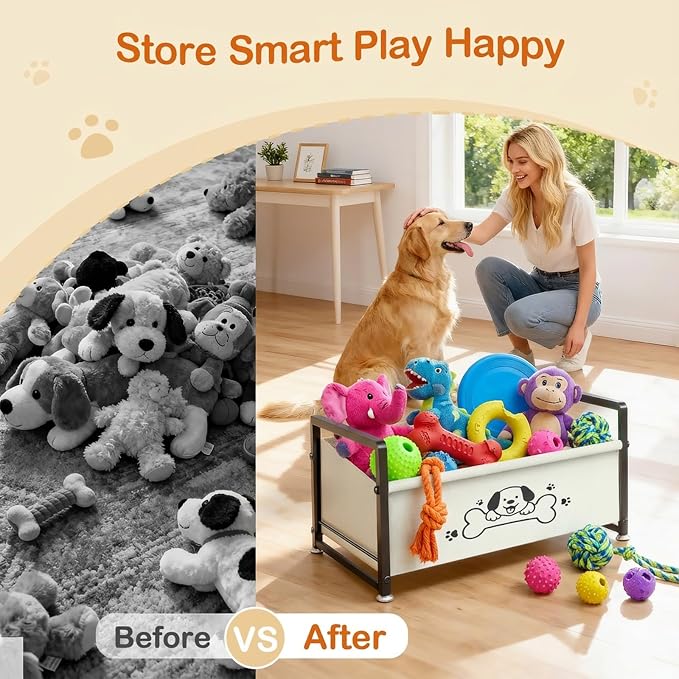 Dog Toy Box for Storage, Metal Frame Oxford Fabric Pet Toy Organizer with Raised Legs, Large Capacity Dog Toy Basket with Front Low Opening, Washable and Durable Design