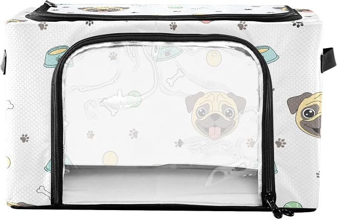 Pet Dog White pattern Under Bed Storage Containers with Double Zipper Openings, Foldable Clothes Storage Bins with Clear Window and Handles for Comforters Bedding Blankets
