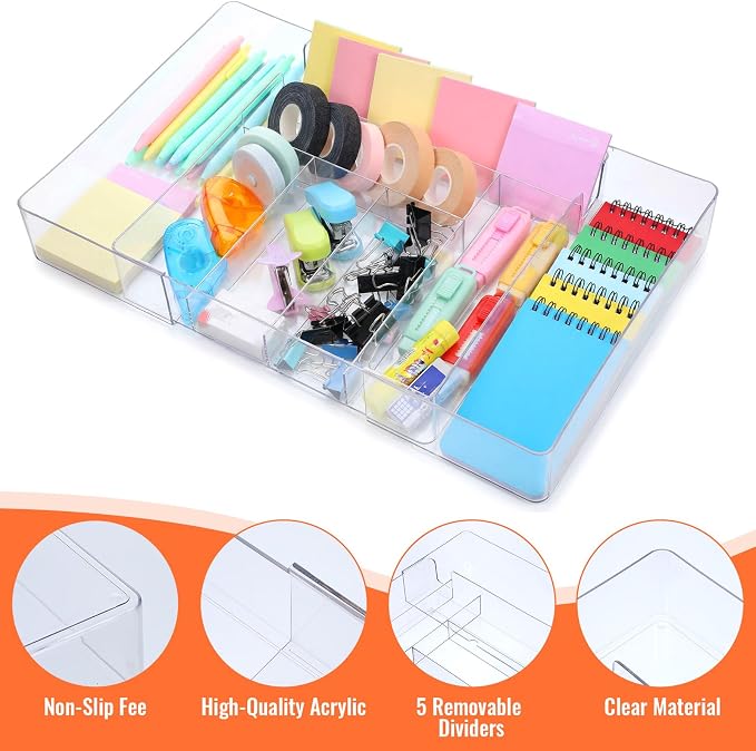 Expandable Drawer Organizer Tray with Adjustable Dividers, Clear PET Storage Box for Office Supplies, Makeup, Jewelry & Vanity, 10 Compartments, 1-Piece Set (10.6" x 15.7", Height 2.3")