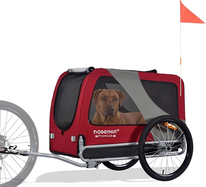 DOGGYHUT® Premium X Large Pet Bike Trailer Up to 100 lbs (Red) | Bicycle Trailer for Small Medium or Large Dogs, Dog Bicycle Carrier, Low Center of Gravity, Folding Frame Cart