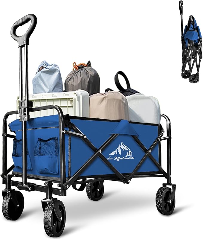 Foldable Wagon Cart, Collapsible Wagon Cart with Heavy Duty Wheels, 220Ibs Portable Folding Utility Wagon for Groceries, Beach, Camping, Outdoor Activities, Blue