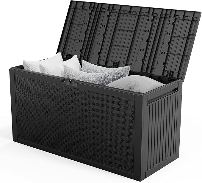 90 Gallon Outdoor Storage Box with Maze Texture, Waterproof Resin Deck Box for Patio Furniture Cushions, Lockable & Weather Resistant Garden Bin for Pool Toys & Tools, Black