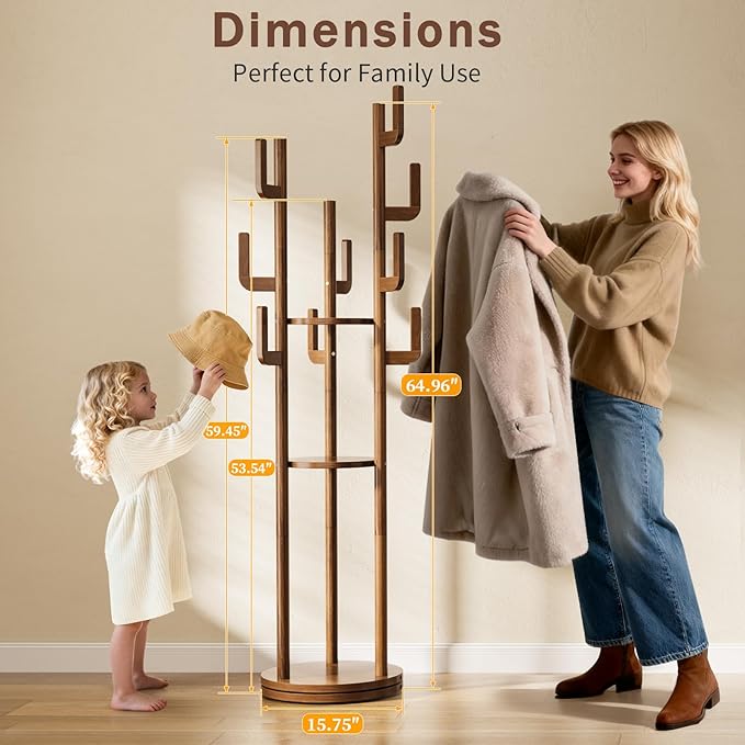 Yoobure Rotary Coat Rack Freestanding - Solid Wood Coat Tree with 9 hooks & 3 Storage Shelves for Purse, Bag, Jacket, Hat, Corner Hanger Stand Racks for Hall, Entryway, Office, Modern Clothes Holder