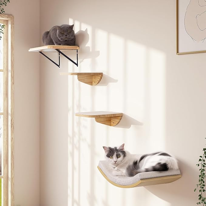 Cat Wall Shelves with Sisal Pads, 4-Piece Wooden Cats Furniture Set with Cat Window Perch, Flat Shelf & Sisal-Clad Steps for Climbing and Scratching