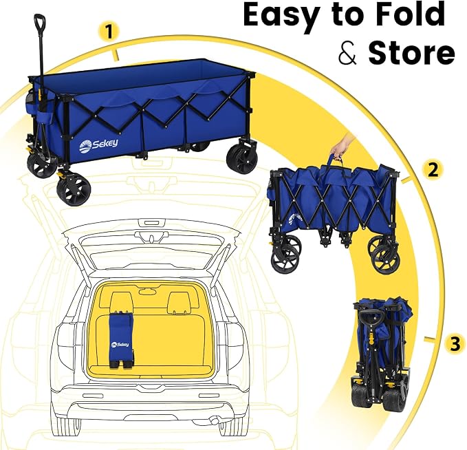 Sekey Extended Collapsible Foldable Wagon with 660lbs Weight Capacity, Heavy Duty Folding Utility Garden Cart with Big All-Terrain Beach Wheels & Drink Holders. Royal Blue