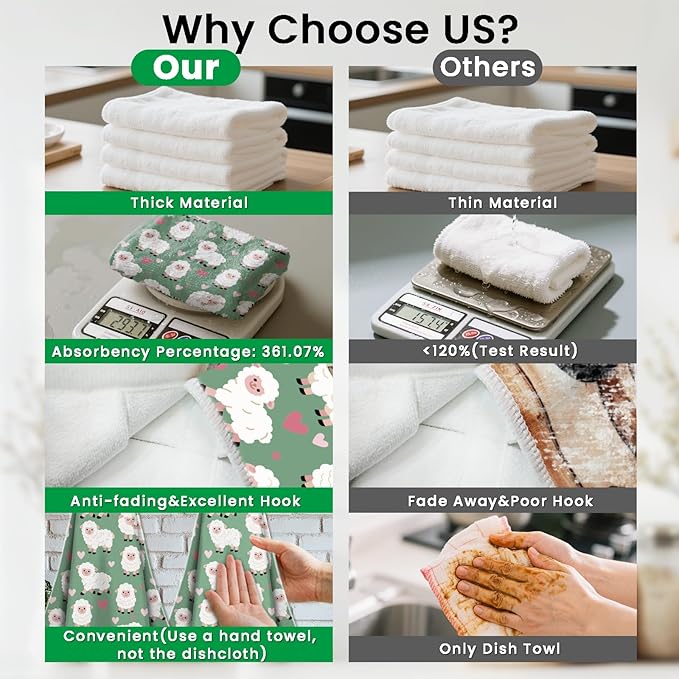CUTHOLLOW Sheep and Loving Heart Hanging Kitchen Towels with Loop, Set of 2 - Soft & Super Absorbent Microfiber Decorative Hanging Dish & Hand Towel, Tea Coffee Towel for Kitchen Bathroom Oven Handle