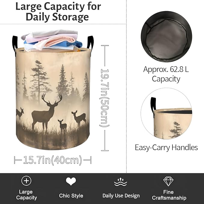 Vintage Deer Laundry Basket, Nature Wildlife Foldable Oxford Cloth, Waterproof Dirty Clothes Hamper with Handles, Clothing Storage Bin Toy Organizer for Bedroom Dorm Bathroom, 19.7"x15.7"