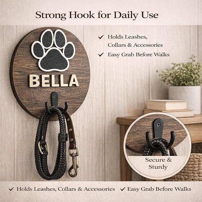 Personalized Dog Leash Holder Wall Mount, Wooden Dog Leash Hanger with 52 Letters, Pet Leash Wall Hook Organizer for Dog Collar & Harness, Paw Design Entryway Home Decor (Single Hook)