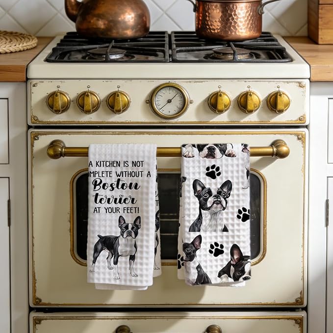 Boston Terrier Waffle Weave Kitchen Towels, Quick Dry Multipurpose Hand Towels for Bathroom, Absorbent Reusable Cloth Tea Dish Towels for Home Decor, Dog Lover Gift Towel Set of 2