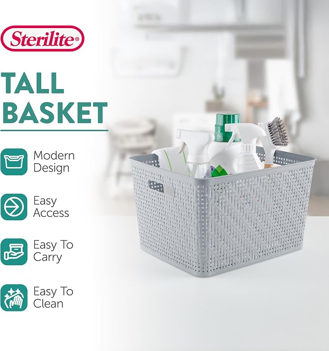 Sterilite 12 Pack Plastic Storage Bin Organization Containers, Tall Baskets, Cement