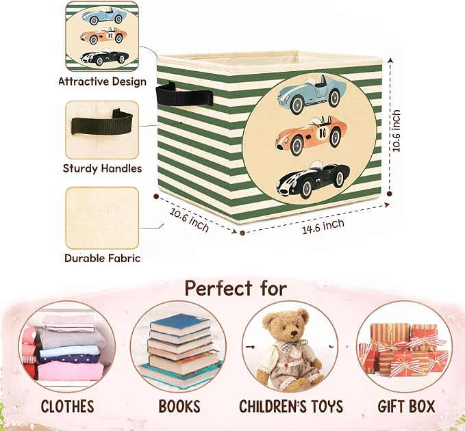 Vintage Race Car Green Stripe Foldable Fabric Storage Bin for Kids Room | Vintage sports car and green stripe design; collapsible bin for organizing toys, books, clothes in kids room or nursery.