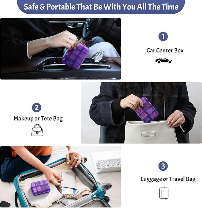 Foldable Weekly Pill Organizer 2 Times a Day with 2 Extra Compartments - Etched Labels - Portable 7 Day AM PM Medicine Box, Week Daily Travel Pill Case Holder for Vitamin, Supplement -Clear Purple
