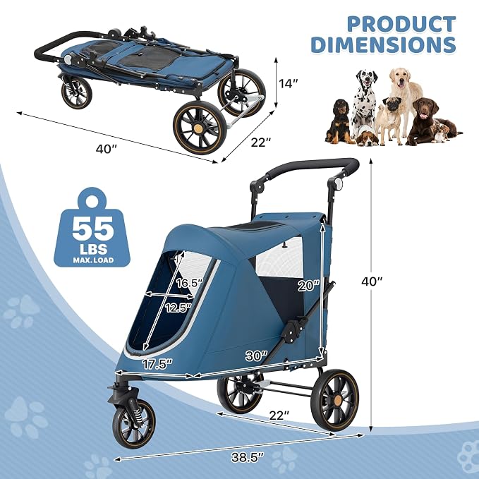 Magshion Pet Stroller for Medium Large Dog, 3-Wheel Foldable Jogger, Navy | All-Terrain with Adjustable Handle, Dual Entry, Rear Storage, Breathable Mesh, One-Foot Brake, Up to 55 lbs